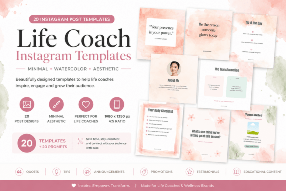 20 Minimal Watercolor Instagram Post Templates for Life Coaches